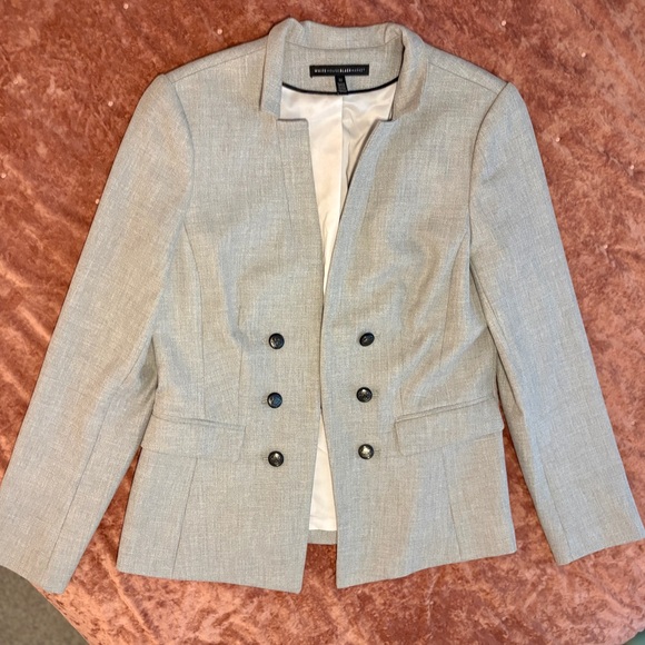 WHBM Classy Stand Neck Notched Collar Textured Gray Double-Breasted Blazer - Picture 2 of 11